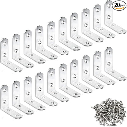 20 Pack L Bracket Corner Braces 2 Inch Stainless Steel Heavy Duty Shelf Bracket for Wood Shelves, Wall Hanging Support 90 Degree Joint Right Angle Brackets with Screws