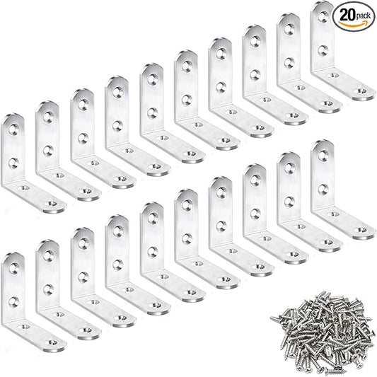 20 Pack L Bracket Corner Braces 2 Inch Stainless Steel Heavy Duty Shelf Bracket for Wood Shelves, Wall Hanging Support 90 Degree Joint Right Angle Brackets with Screws