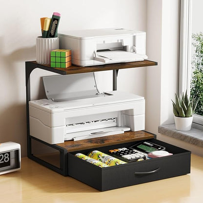 Printer Stand with Storage for Desk, with Fabric Drawer Desktop Printer Stand Shelf Organzier for Home Office, for Above and Under Desk Printer Table, Fax Machine Copier, Retro