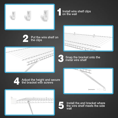12 Inch Wire Shelf Brackets Set, 3PCS Closet Shelf Brackets with 6 Wire Shelf Clips, 2 End Brackets and Screws, Metal Support Bracket for Wire Closet Shelving, Heavy Duty