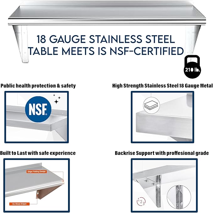 NSF Certified 18 Gauge Heavy Duty Stainless Steel Wall Shelf with Brackets for Kitchens, Utility Rooms, Storage, Offices & Home (36"x12")