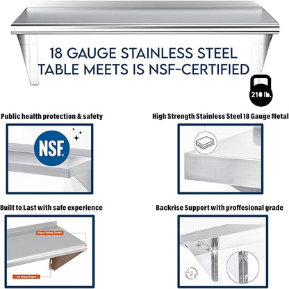 NSF Certified 18 Gauge Heavy Duty Stainless Steel Wall Shelf with Brackets for Kitchens, Utility Rooms, Storage, Offices & Home (36"x12")
