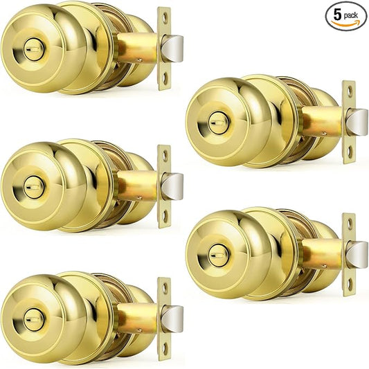 Probrico Interior Door Knobs for Bedroom Bathroom, Polished Brass Privacy Door Lock Keyless Door Knob Round Ball Knob, Gold Privacy Door Knob, 5 Pack