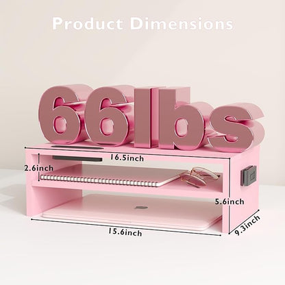 BONTEC Wooden Monitor Stand Riser, 2-Tier Desk Shelf with Storage Organizer, Ergonomic Computer Stand with Cable Management, Cellphone Holder, Pink, 16.5 Inch