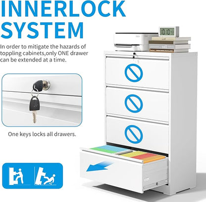 4 Drawer Lateral File Cabinet with Lock, Metal Lateral Filing Cabinet for Home Office, Steel Wide Horizontal Filing Cabinets for Letter/Legal/A4/F4 Hanging Files (White)