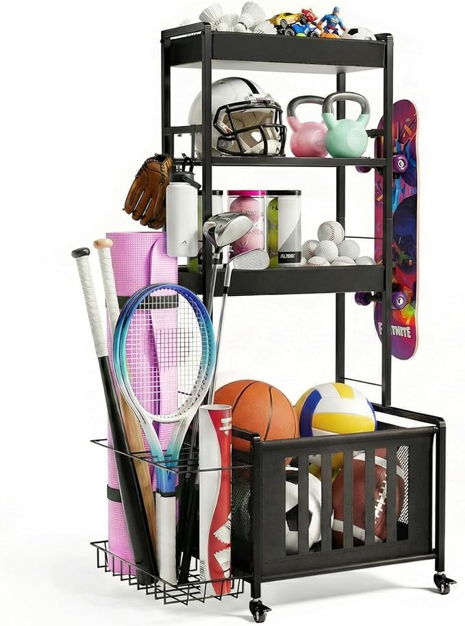 Sports Equipment Organizer, Ball Storage Rack for Garage, 4-Tier Indoor/Outdoor Rolling Ball Carts with Wheels for Toy Sports Gear Storage, Black
