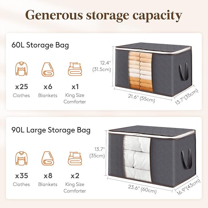 Lifewit Large Capacity Clothes Storage Bag Organizer with Reinforced Handle Thick Fabric for Comforters, Blankets, Bedding, Foldable with Sturdy Zipper, Clear Window, 12 Pack, 90L, Grey