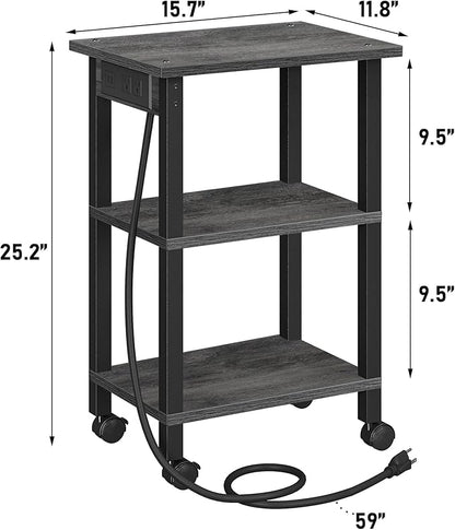 TUTOTAK 3 Tier Printer Stand, Rolling Printer Cart with Power Outlets and USB Ports, Mobile Printer Table with Wheels, for Under Desk, Office, Home, Charcoal Grey PS02BY001