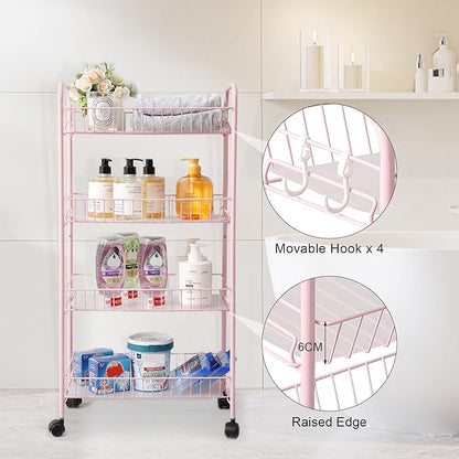 PLKOW 4-Tier Metal Rolling Utility Cart, Multi-Functional Storage Cart for Office, Living Room, Kitchen, Bathroom, Lightweight Organizer Cart with Wheels, Pink