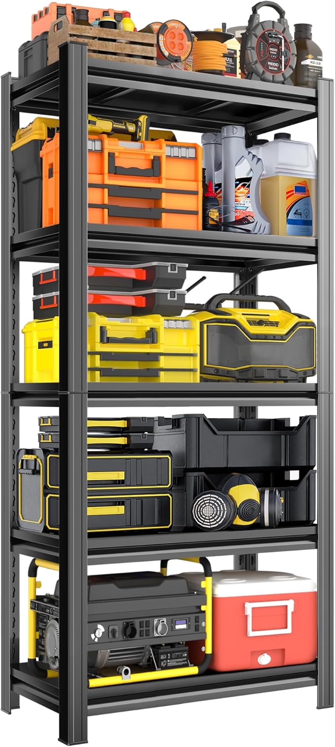 Metal Garage Shelving Unit，Adjustable Metal Rack with 5 Heavy-Duty Units, Suitable for Home Garages, Kitchens, Pantry, and Bookshelves (63" H x 23.6" W x 13.8" D)