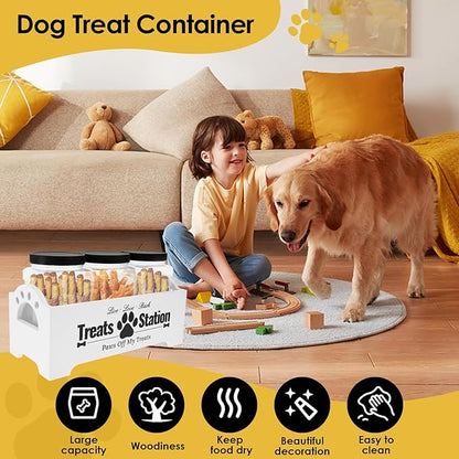 Dog Treat Container with 3 Plastic Treat Jars Wood Dog Food Container with Handles Dog Food Storage Container Decorative Cat Food Container for Dog Food Storage (White)
