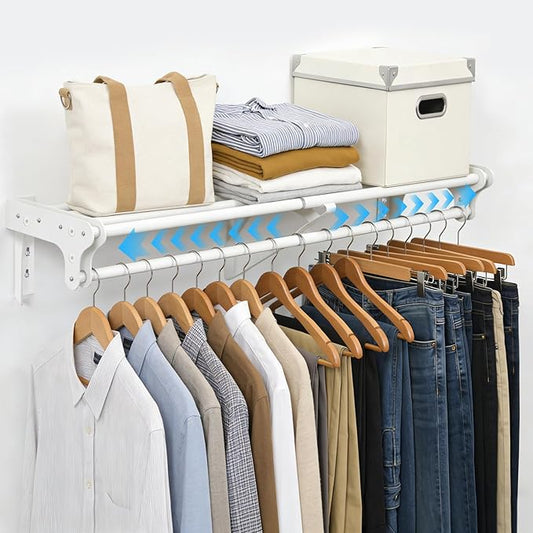 Closet Shelf with Hanging Rod, 40-73'' Expandable Wall Mounted & Side Wall Mounted Steel Clothes Rack with Top Shelf, Holds 220 lb Heavy Duty Closet Rod DIY Divider Separtor for Cabinet Wardrobe