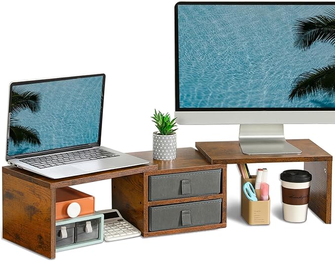 TEAMIX Dual Monitor Stand Riser with 2 Drawers - Length and Angle Adjustable 3 Shelf Monitor Riser with Storage Desk Organizer Large Monitor Stand for 2 Monitors/Laptop/PC,Screen/TV Stand Riser