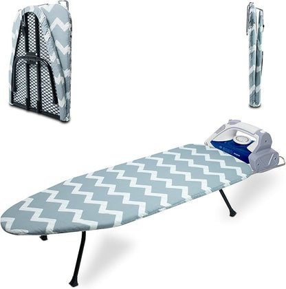 Metal Mesh Panel Tabletop Ironing Board | Foldable Iron Board | Heavy Duty Small Iron Board with Heat Resistant Cover and 100% Cotton 8mm Thicken Pad (Elegant Wave)