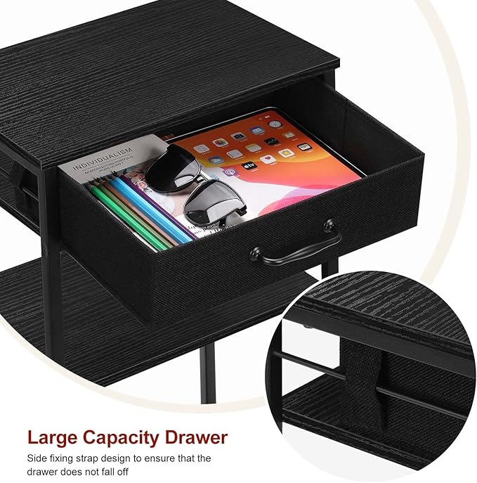3 Tier Printer Stand Under Desk Small Printer Table with Storage Drawers Wood Printer Shelf Rack for Desk Black Side Table Nightstand for Home Office Organization