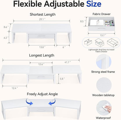 Dual Monitor Stand Riser, Desk Organizers and Accessories with Drawer, Computer Monitor Stands for Desk, Adjustable Desktop Shelf for PC Laptop Printer TV, White