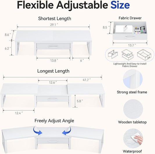 Dual Monitor Stand Riser, Desk Organizers and Accessories with Drawer, Computer Monitor Stands for Desk, Adjustable Desktop Shelf for PC Laptop Printer TV, White