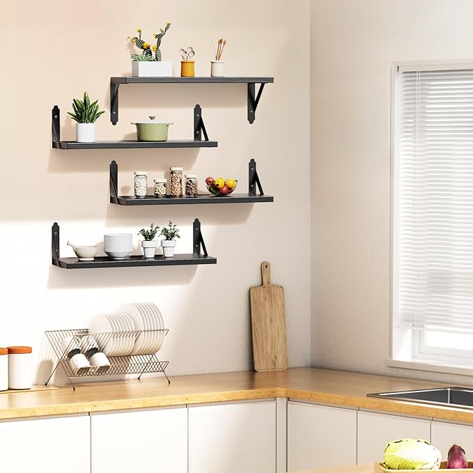 Wood Floating Shelves Set of 4, Rustic Storage Decor Wall Shelves, Wall Mounted Shelf for Living Room, Bedroom 17" x 6", Black