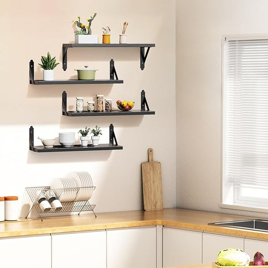 Wood Floating Shelves Set of 4, Rustic Storage Decor Wall Shelves, Wall Mounted Shelf for Living Room, Bedroom 17" x 6", Black