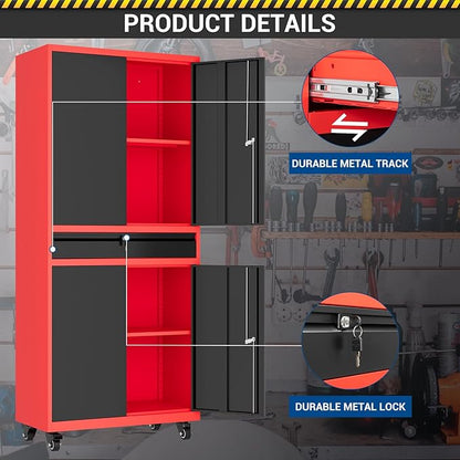 73" Metal Cabinet-Black & Red Heavy Duty Rolling Storage Cabinet Steel Tool Cabinets with Wheels, Shelves, Lockable Doors and Drawers- for Garage, Warehouse Home Office- Assembly Required