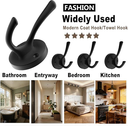 Black Towel Hooks, 2 Pack Coat Robe Hook Heavy Duty Metal Double Bathrobe Hook Wall Mounted, Hand Towels Hooks for Cubicle Bathroom Kitchen Closet Garage