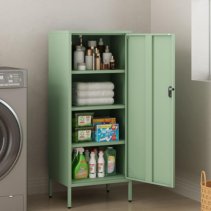 Metal Cabinet Lockable Filling Cabinet Bathroom Storage Cabinet with 4 Tier Adjustable Shelves Green Locker for Home, School, Office, Pantry H49.21'' (Green)
