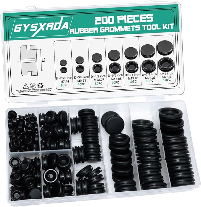 Rubber Grommet Kit 200 Pack - 7 Sizes Firewall Rubber Hole Plugs - Automotive, Home Improvement Cord Pipe Wire Organization