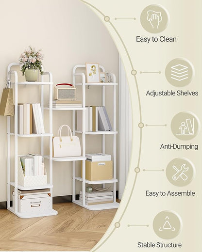 6 Tiers Vertical Shoe Rack, Narrow Shoe Tower, Tall Shoes Shelf with 2 Hooks, Adjustable Shelves, Corner Shoes Shelves for Small Spaces, Entryway, Living Room, White SR04213W