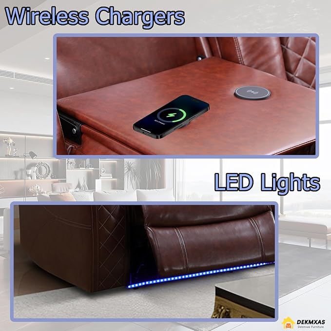 Modern Recliner Couch with Hidden Storage, 2-Piece Power Reclining Sofa Couch Set, Brown Breathing Leather Power Recliner Sofa and Loveseat with LED Light for Living Room/Home Theater