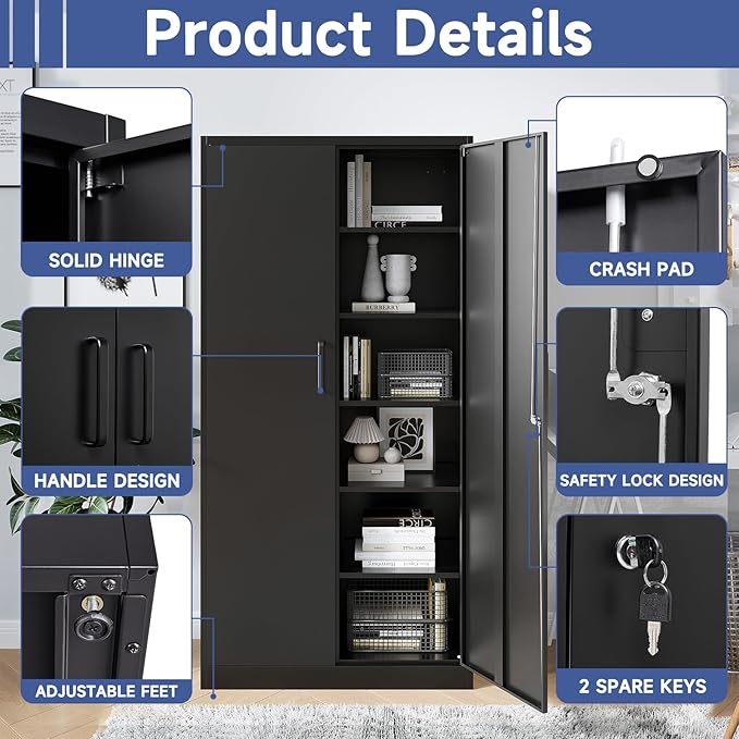 Metal Garage Storage Cabinet, 71" Locking Cabinet with 2 Doors and 4 Adjustable Shelves, Black
