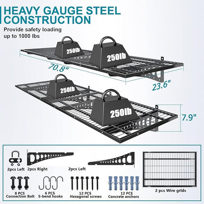 4-Pack 2×3ft(24×36 inch) Garage Wall Shelving, 1000 lbs Load Capacity, Garage Wall Mounted Shelves, Heavy Duty Shelf with Hooks, Black