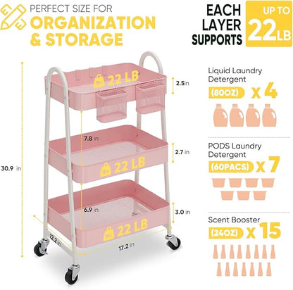 Sekey 3 Tier Rolling Cart, Hanging Cups, Hooks, Heavy Duty Mesh Rolling Storage Cart Organizer with 2 Lockable Wheels for Bathroom, Kitchen, Office, Craft, Makeup, Baby Essentials, Pink