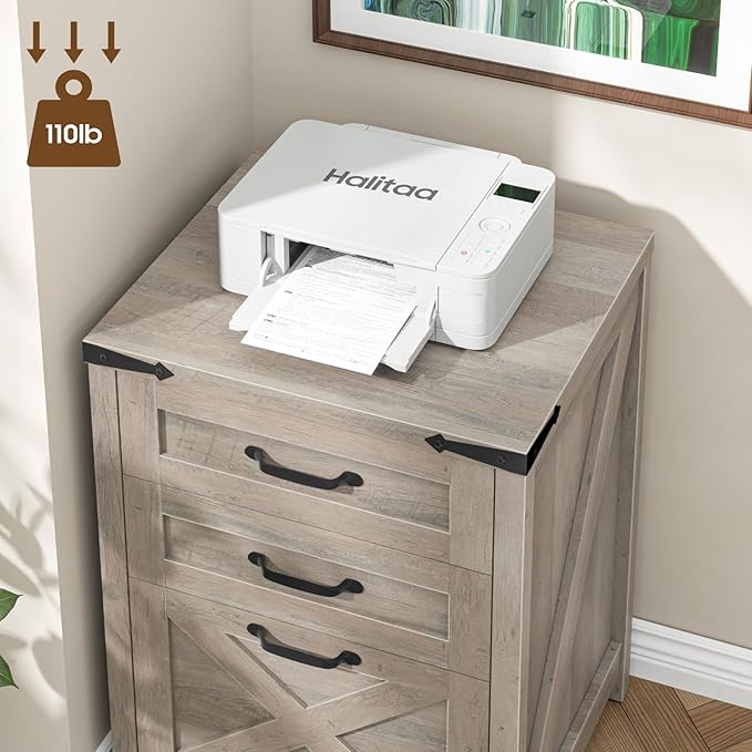 3 Drawer Small File Cabinet, Farmhouse Vertical Filing Cabinet Fits Letter and A4 Size, Under Desk Wooden File Cabinets for Home Office, Printer Stand, Grey