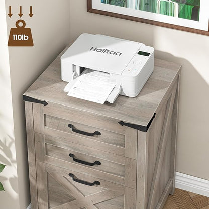 3 Drawer Small File Cabinet, Farmhouse Vertical Filing Cabinet Fits Letter and A4 Size, Under Desk Wooden File Cabinets for Home Office, Printer Stand, Grey