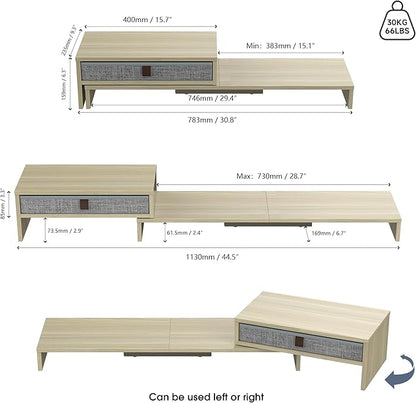 Fenge Computer Monitor Riser Stand with Drawer for 2 or 3 Monitors ,Adjustable Length and Angle Desktop Laptop Stand,Office Organizer,Printer,Oak