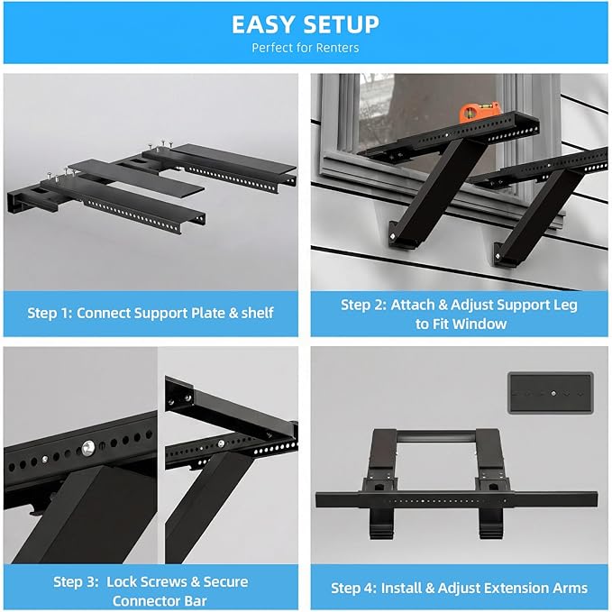 Window AC Support Bracket, No-Drill No-Tool Air Conditioner Support Bracket Adjustable Wall Mount, Heavy Duty Steel Holds Up to 300lbs, Fits Single Or Double Hung Windows, Black