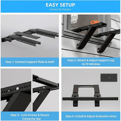 Window AC Support Bracket, No-Drill No-Tool Air Conditioner Support Bracket Adjustable Wall Mount, Heavy Duty Steel Holds Up to 300lbs, Fits Single Or Double Hung Windows, Black