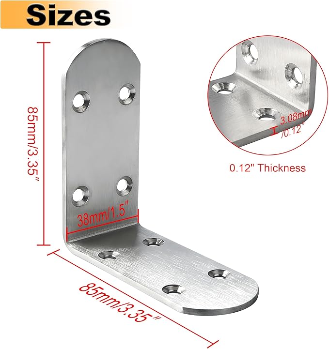 Alise 4Pcs Shelf Brackets,Stainless Steel Floating Shelf Brackets Corner Brackets,L Brackets for Shelves,90 Degree Angle Bracket, Heavy Duty Shelf Brackets for Wood Furniture (Brushed, 3.35X3.35 in)