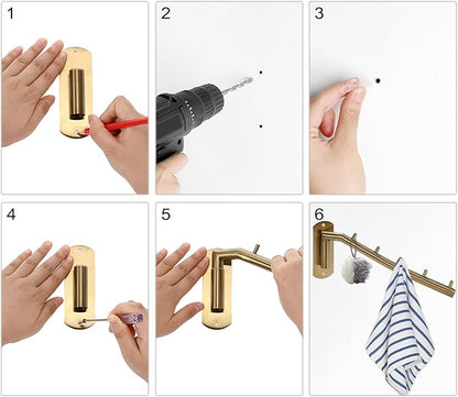 Sumnacon Stainless Steel Clothes Hanger Rack-Wall Mount Garment Hook with Swing Arm, Sturdy Coat Robe Storage Organizer for Laundry Room Bedrooms Clothing Drying Rack with 5 Hooks, Gold