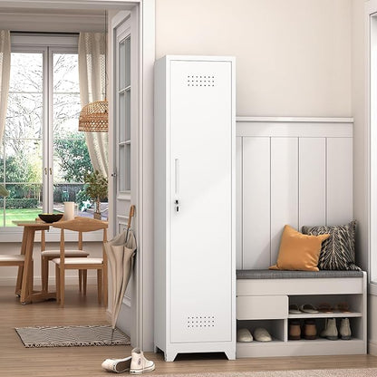 GREATMEET Broom Closet Storage Cabinet, Metal Utility Cabinet, Tall Laundry Room Cabinet, Slim Storage Cabinets for Laundry, Living Room, Office, White