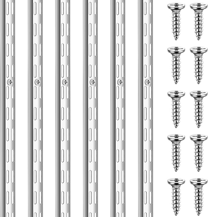 6 Pcs Dual Track Upright Wall Shelving System Heavy Duty Support System Twin Slot Shelf Rail Shelf Standards for Pantries Linen Closets Laundry Rooms(Silver,47.5 Inch)