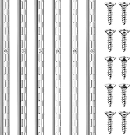 6 Pcs Dual Track Upright Wall Shelving System Heavy Duty Support System Twin Slot Shelf Rail Shelf Standards for Pantries Linen Closets Laundry Rooms(Silver,47.5 Inch)