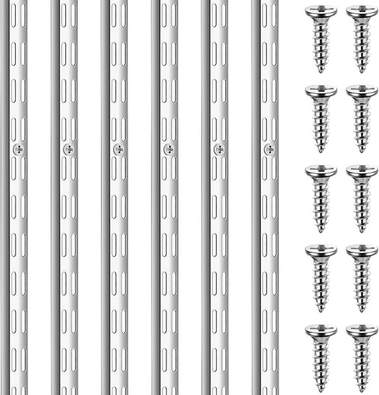 6 Pcs Dual Track Upright Wall Shelving System Heavy Duty Support System Twin Slot Shelf Rail Shelf Standards for Pantries Linen Closets Laundry Rooms(Silver,47.5 Inch)