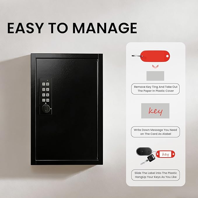 Grimtron Key Lock Box for Keys with Code, Key Box Wall Mount Cabinet, Electronic Lock, Private/Public Mode, 40 Keys, Black