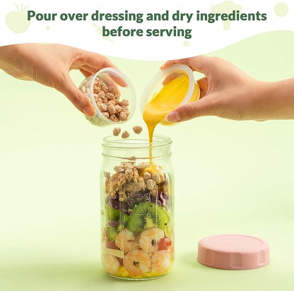 SOLIGT 4 Pack Glass Salad Jars with Lids Meal Prep, Leakproof Container for Lunch, with Wet/Dry Separation Cups, 32oz Mason Jars (Pink/Orange/Sky Blue/Olive Green)