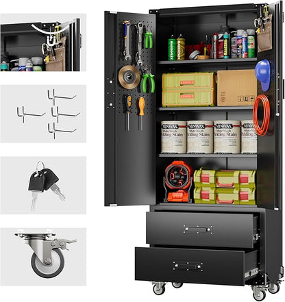 Garage Storage Cabinet with 2 Drawers and Pegboard, Metal Storage Cabinet with 2 Lockable Doors for Garage Home Office,Required Assembly,Black,71.2" H*15.2" D*30" W