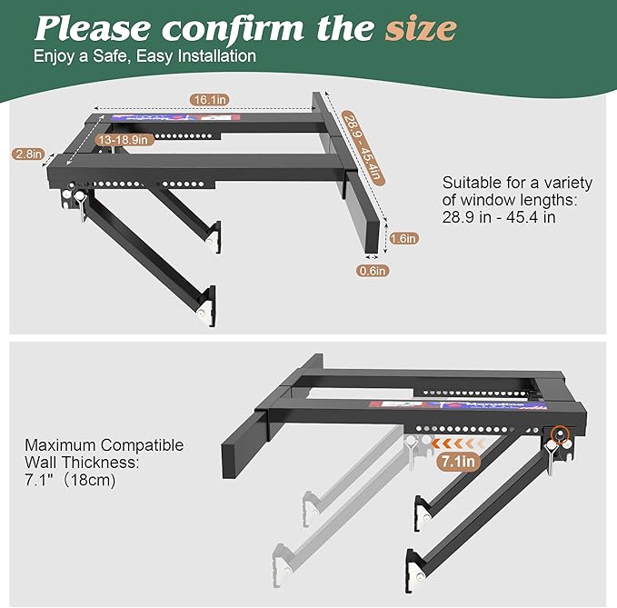 Upgraded No-Drill Window AC Bracket, Adjustable Window Air Conditioner Support for Single/Double Hung Windows, Heavy-Duty Holds 250lbs,Easy Installation, Rustproof Aluminum, Renter Friendly