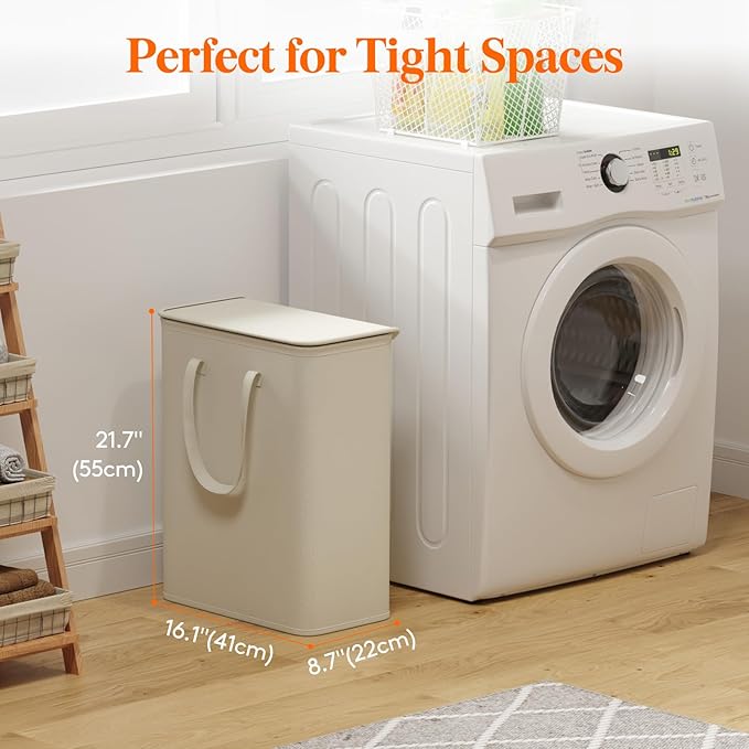 Lifewit 50L Slim Small Laundry Hamper, Laundry Basket with Lid, Dirty Collapsible Clothes Storage with Easy Carry Extended Handles, Tall Hampers for Bedroom Laundry Room, White, 1 Pack