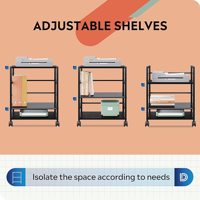 DEVAISE Mobile 3-Shelf Printer Stand with Adjustable Shelves, Modern Printer Cart with Large Storage Space, Printer Stand for Home Office, Black