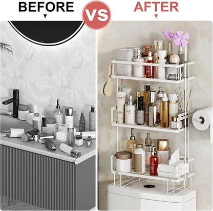Godboat Bathroom Organizers and Storage, 3-Tier Over The Toilet Storage, Wall Shelf with Paper Holder and 2 Hooks, No Drilling Cool Decor and Home Decor, Gifts for Women, Mom, Mothers Day (White)